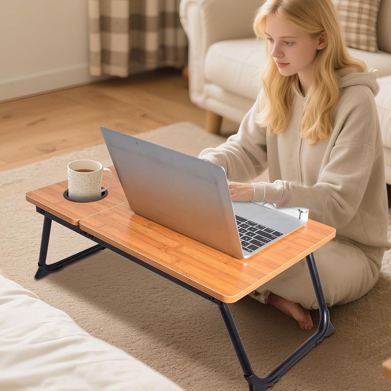 wishacc Adjustable Laptop Bed Table with Book Stand, Portable Reading Desk with Side Panel, Wood Grain - Image 2